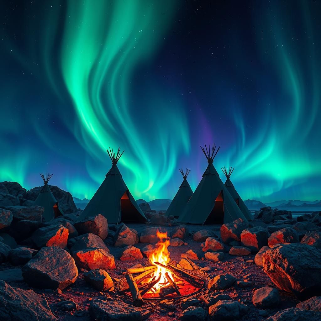 Aurora Campfire Between Teepees in Graffiti Style