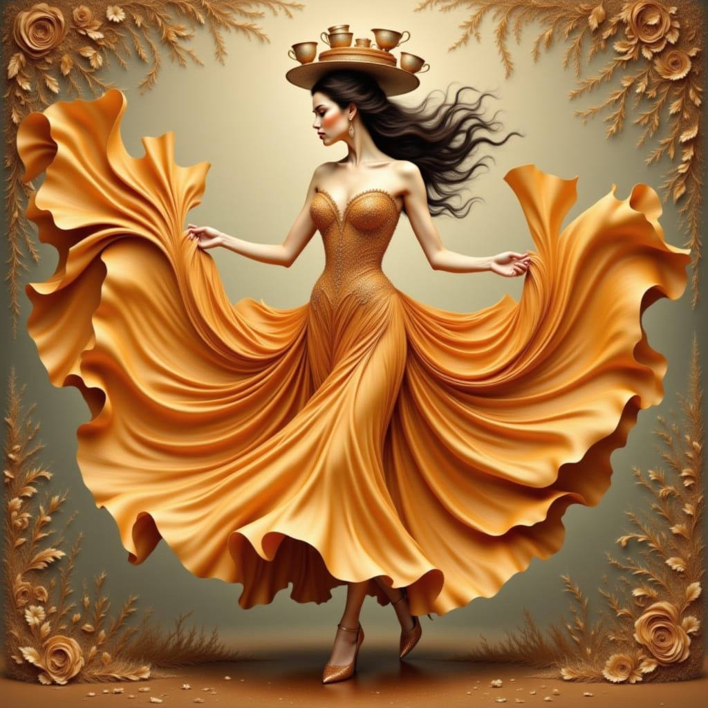 Woman Balancing Teacups, Art Nouveau Style