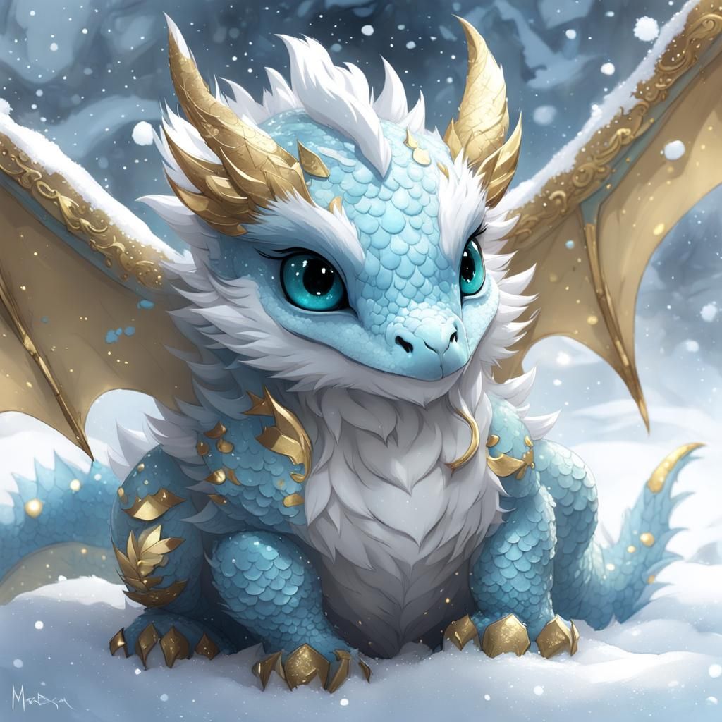 Cute Chibi Dragon Playing in Snow