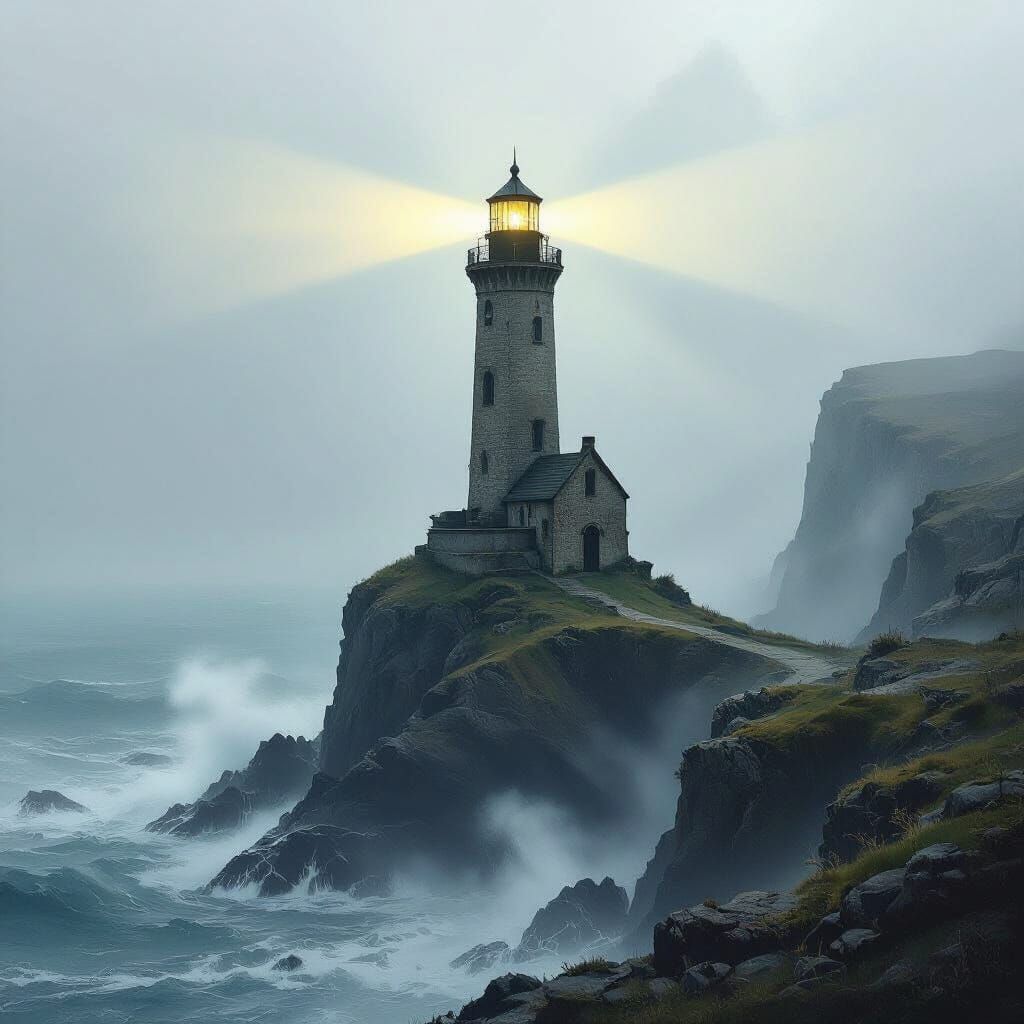 Ancient Lighthouse Beam Pierces Ethereal Fog Over Turbulent ...