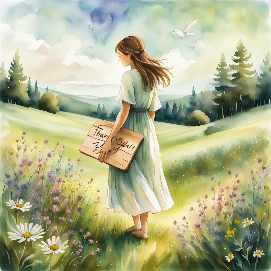 Girl with Thank You Sign in Meadow, Whimsical Illustration
