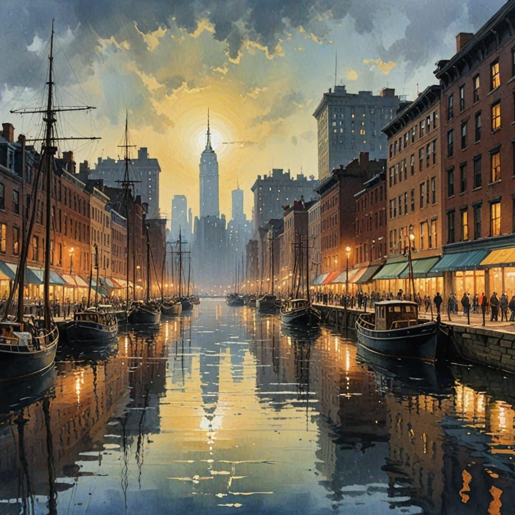 New York Harbor in Gouache Watercolor Style