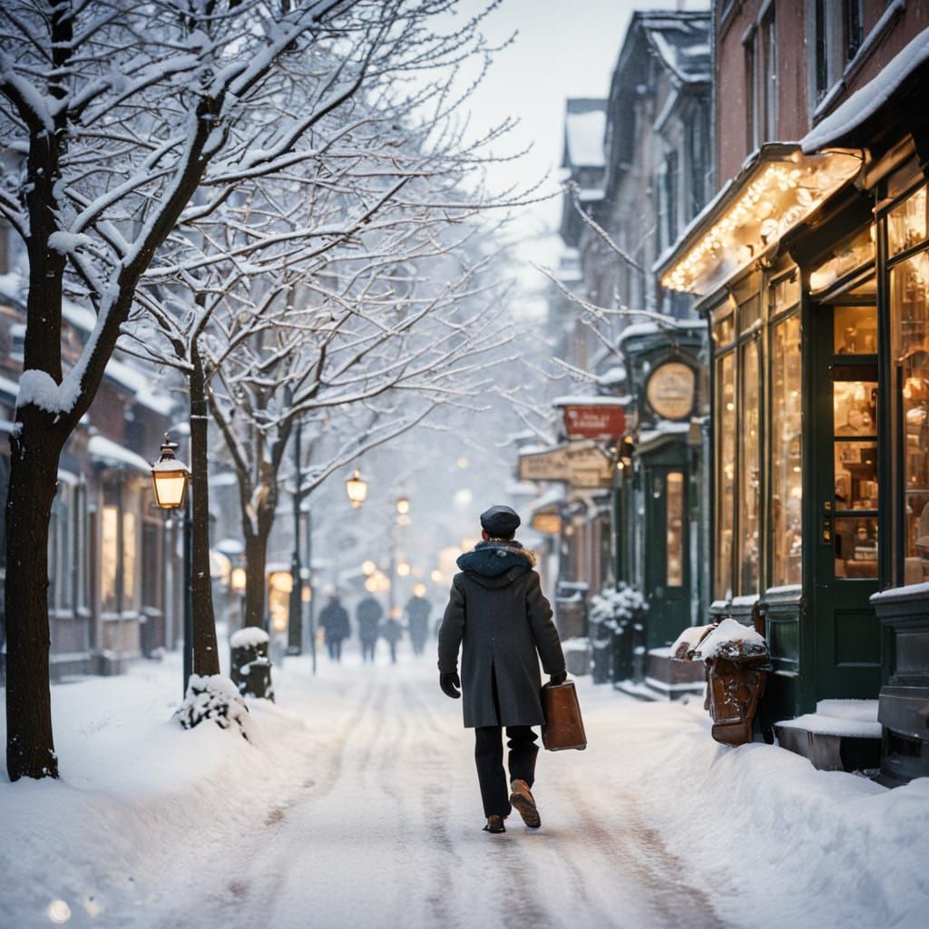 Joyful Holiday Mail Carrier in Snowy Provincial Town