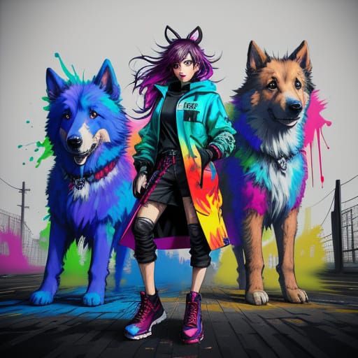 Woman With Shepherd Dogs in Graffiti Splash Art Style