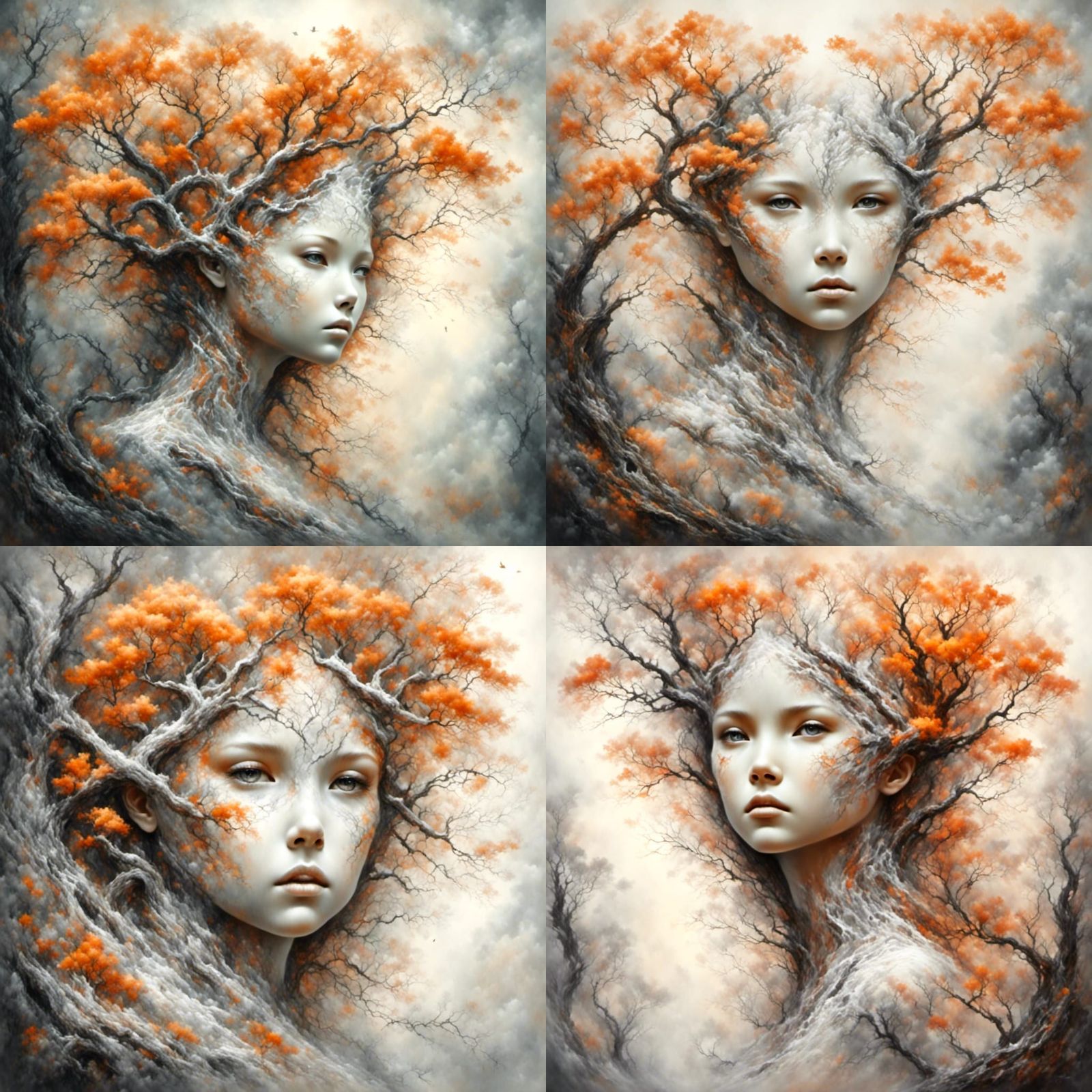 Oak tree face youngster, white and pastel orange and pastel pink<lora:flotre:1.0> <lora:Spirits of Nature:1.0>