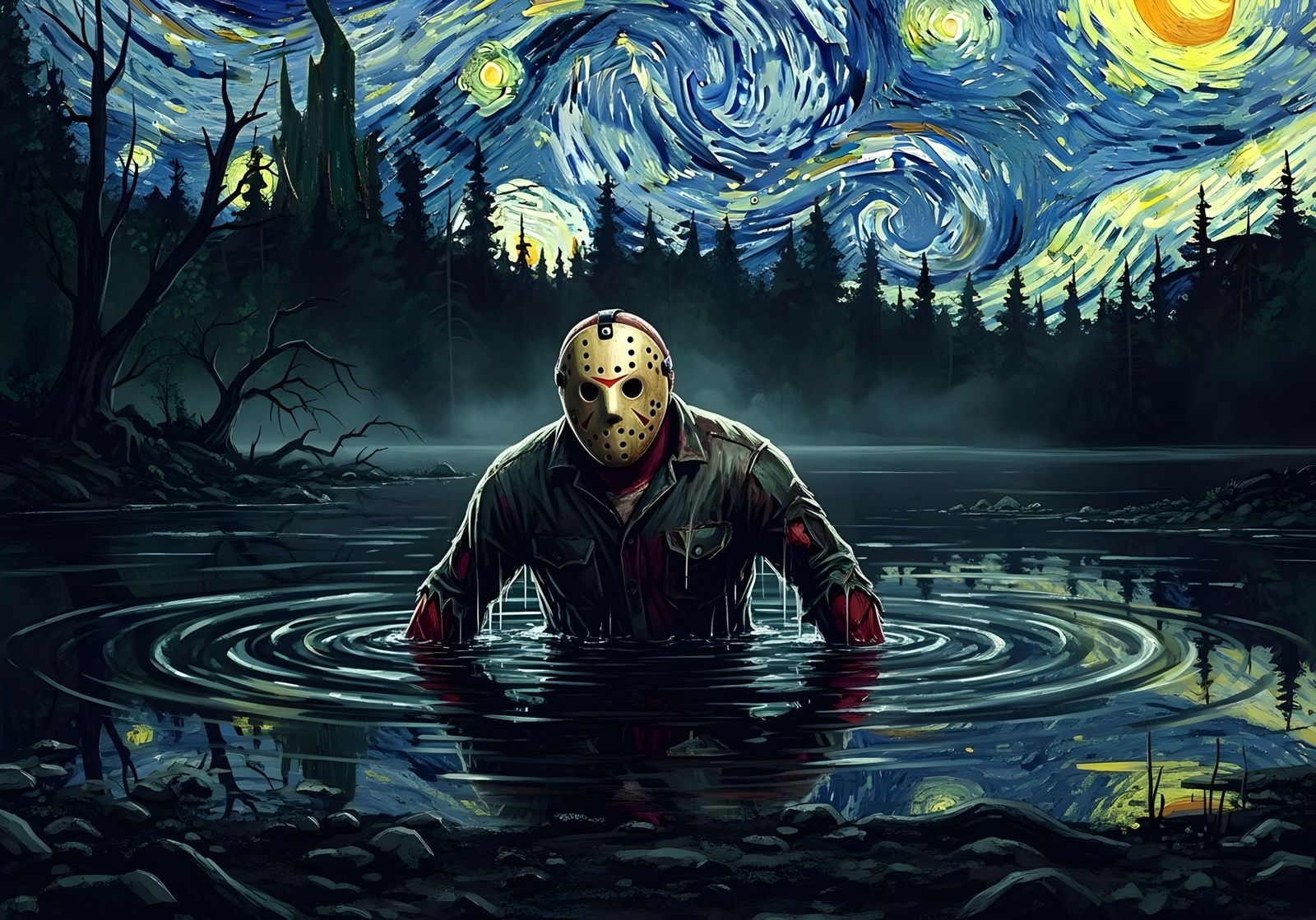 Jason Voorhees Emerges, Starry Night, Art Nouveau Style