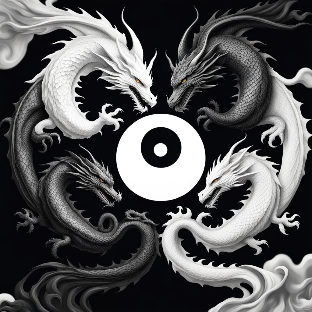 Yin and Yang Dragons in Hyperrealistic Splash Art