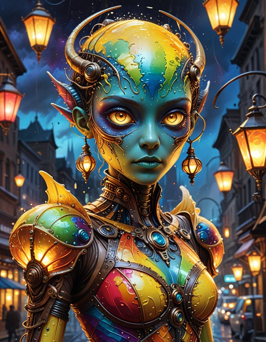 Steampunk Xenomorph in Rainbow Dress with Lanterns