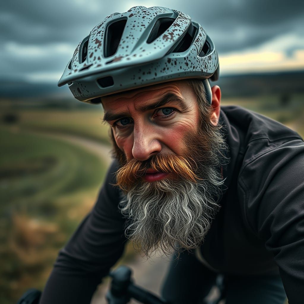 Hyperrealistic Portrait: Bearded Man Mountain Biking