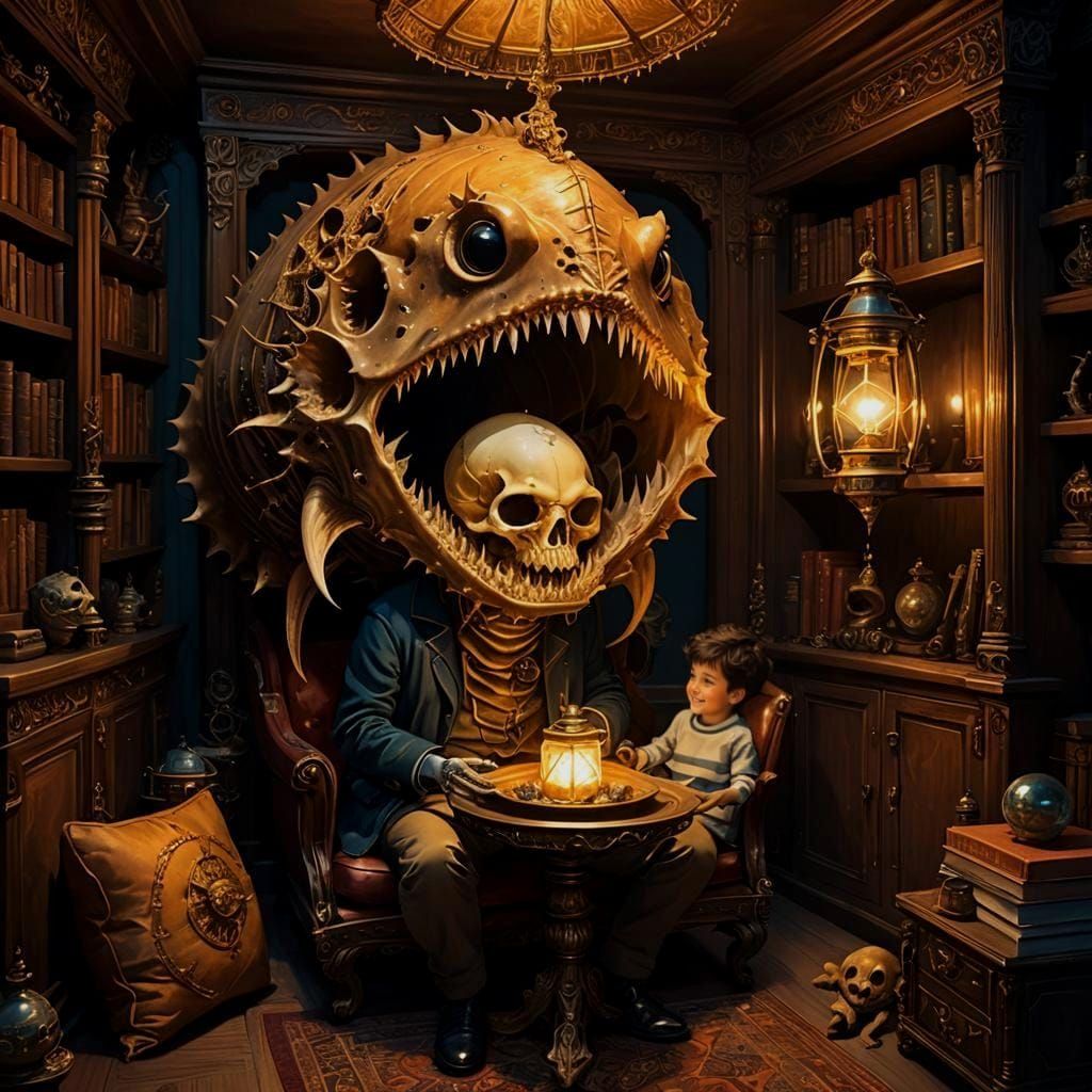 Boy Reads in Anglerfish Jaw, Maximalist Curiosity Cabinet