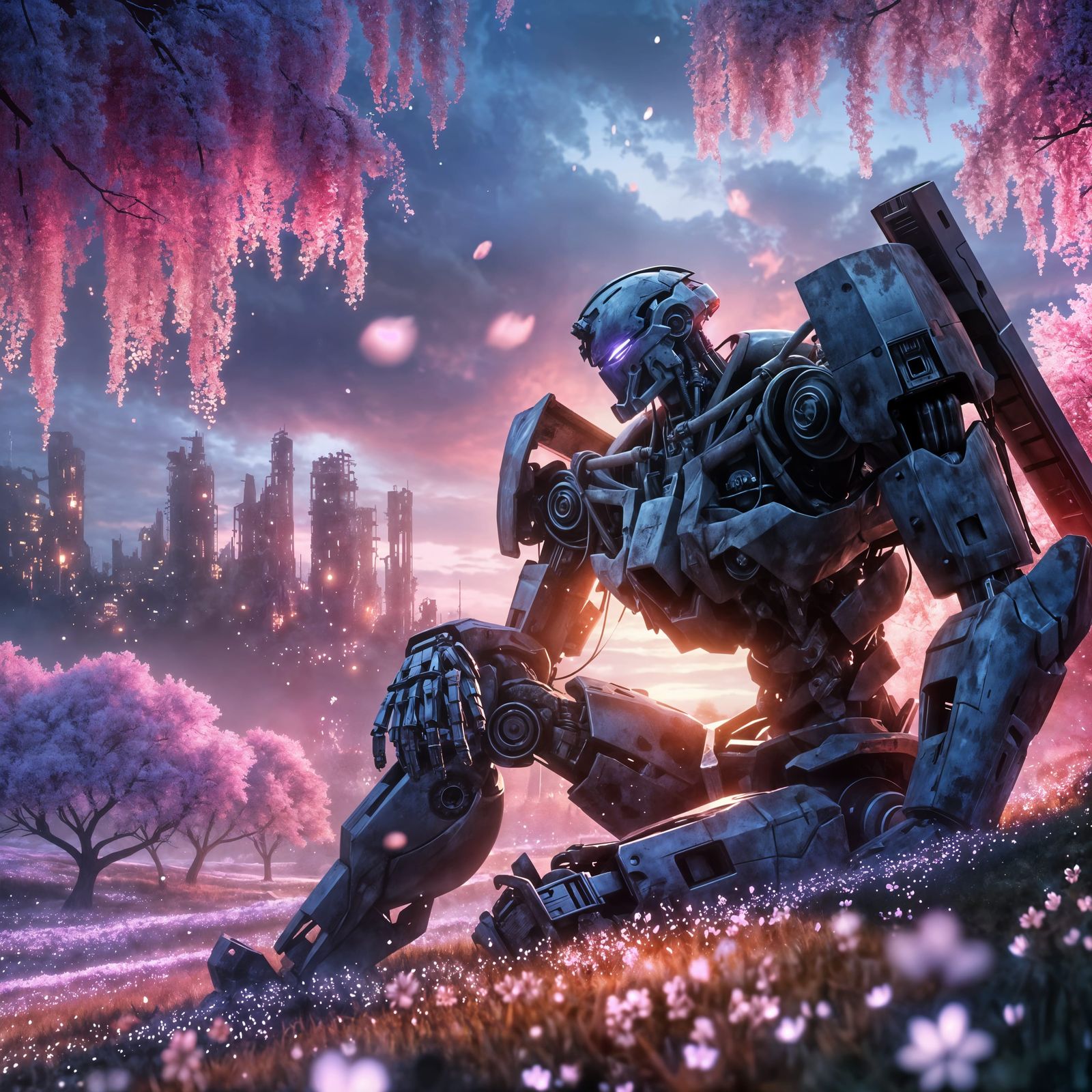 Anime Robot in Cherry Blossom Meadow
