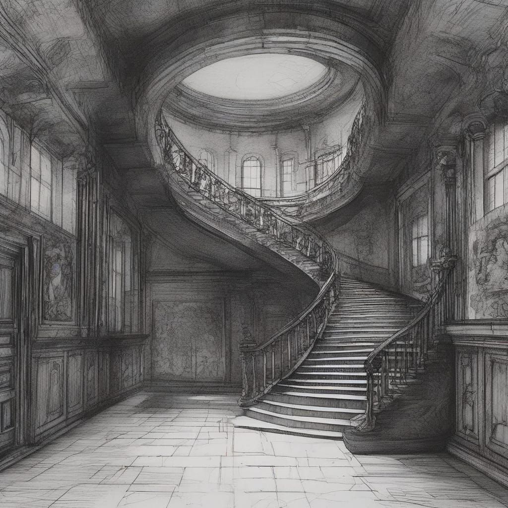 Gaunt Figure in Brutalist Stairwell: Baroque Drawing