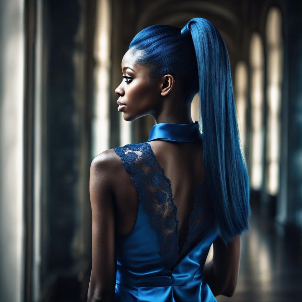 Black Woman with Blue Hair, Hyperrealistic Image
