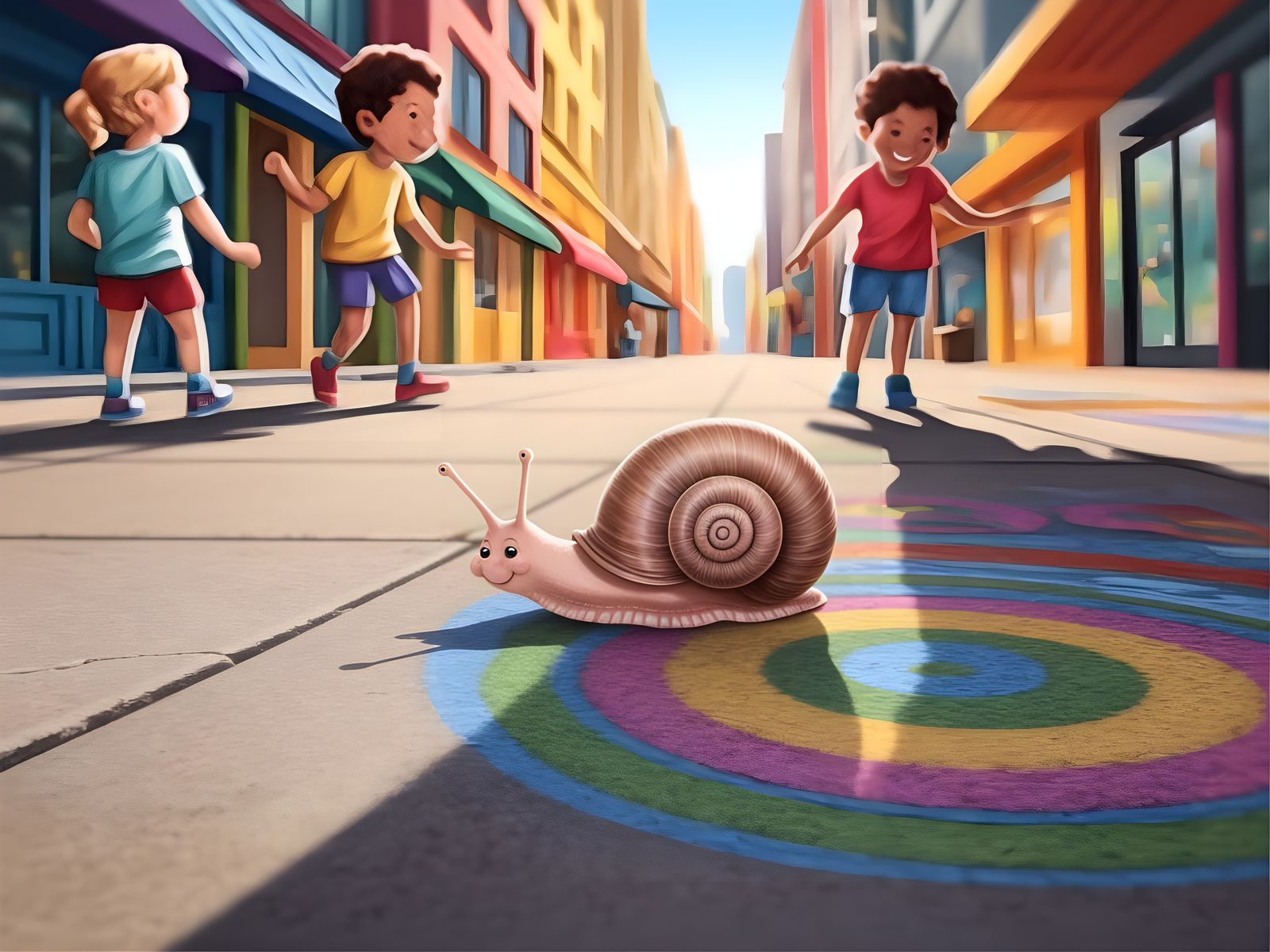 Curious Snail Observes Children's Chalk Art