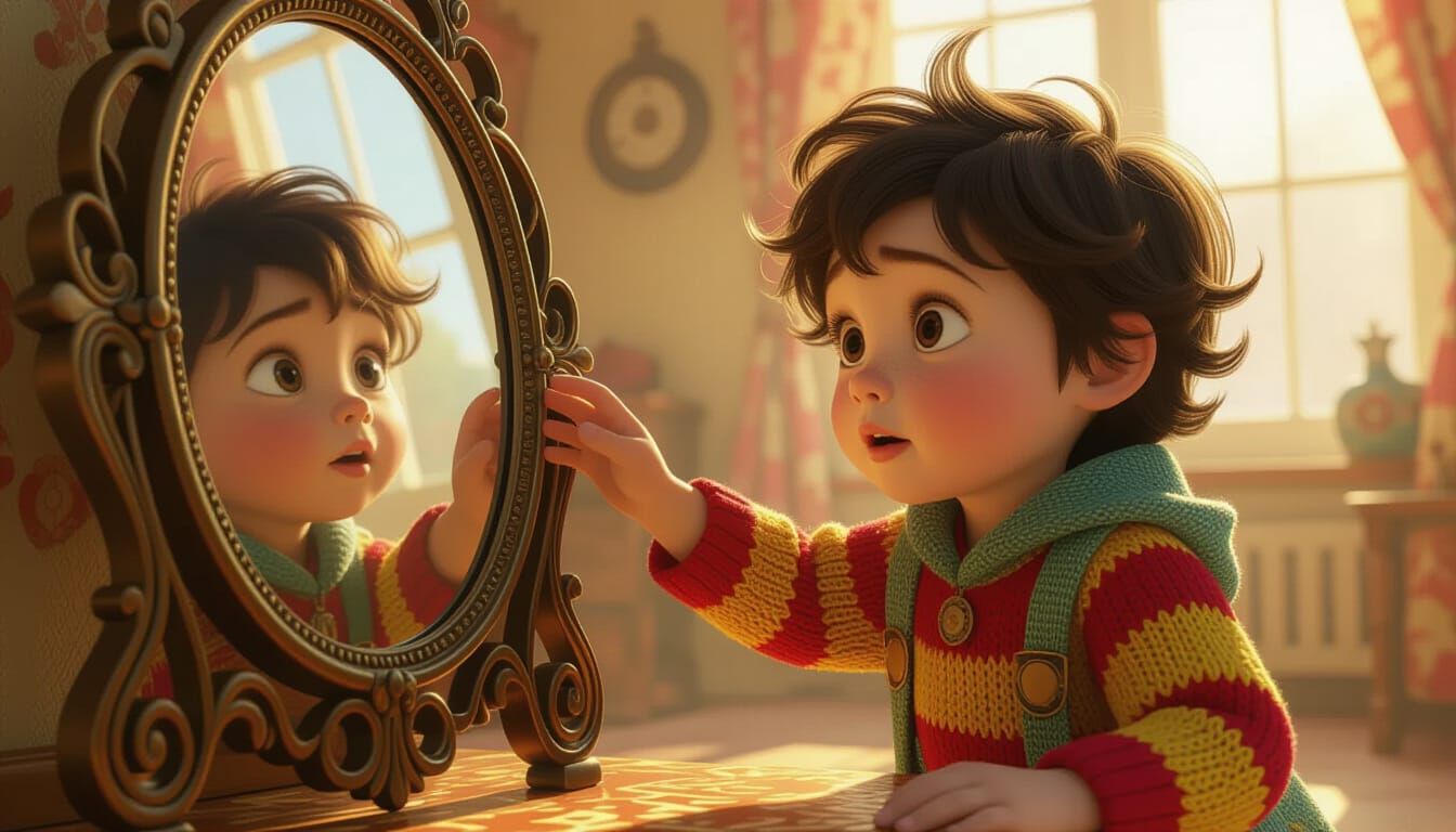 Child's Discovery in Ornate Mirror, Pixar Style