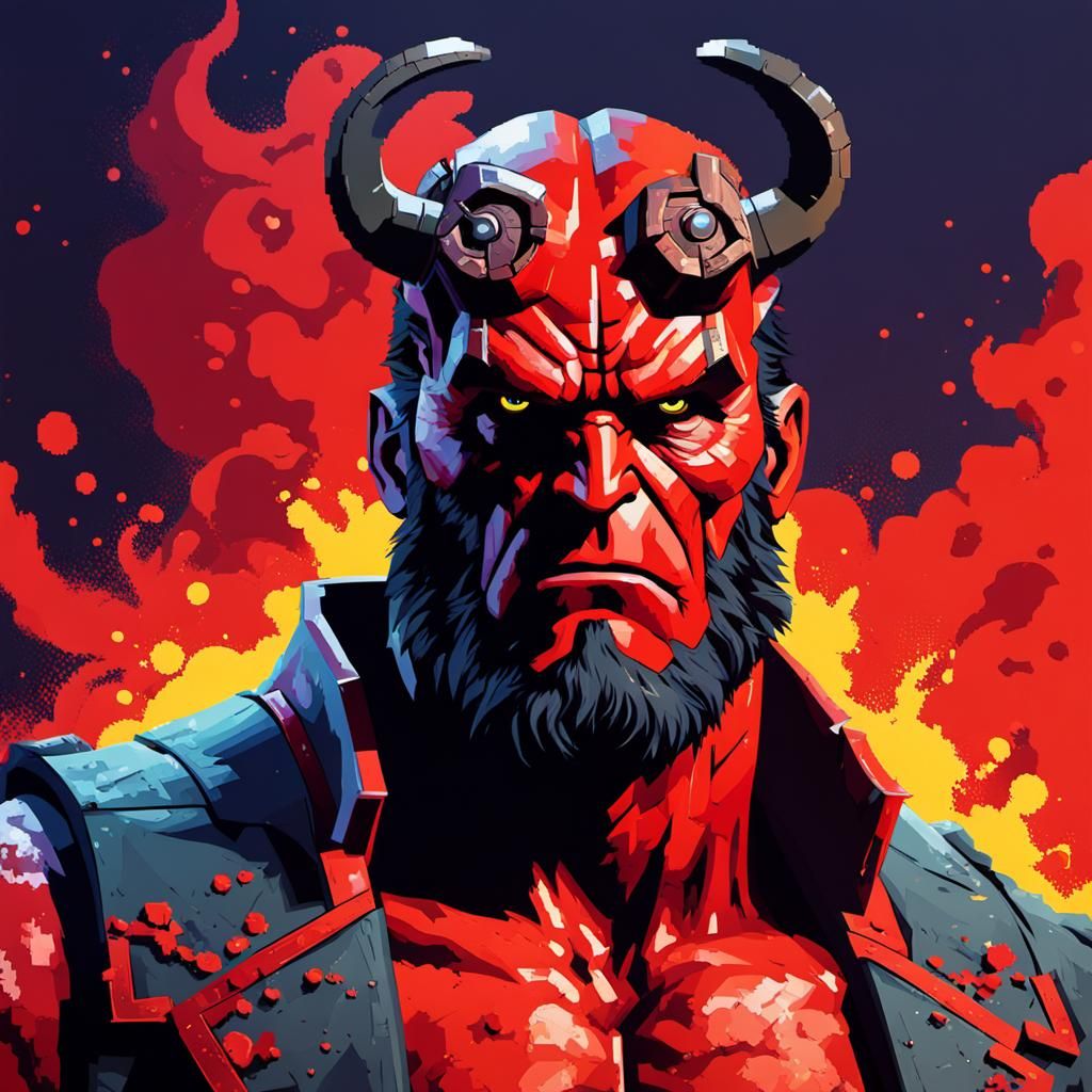 Pixelated Hellboy in Hyperrealistic Splash Art Style