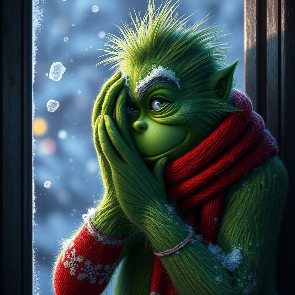 Fluo groene Grinch met rode sjaal rond hals kijkt sip omdat het kerst is