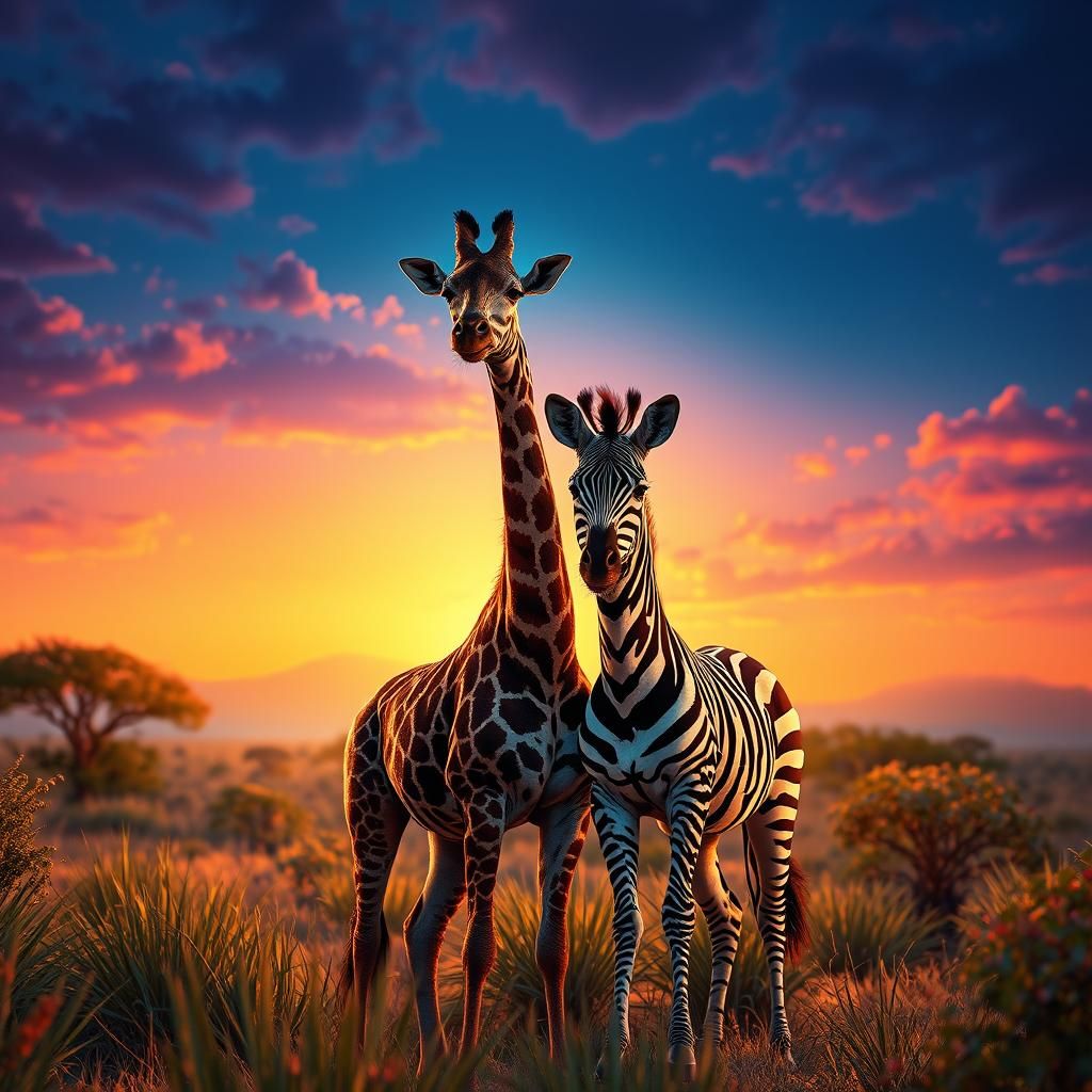 Giraffe and Zebra in Savannah Sunset, Digital Art