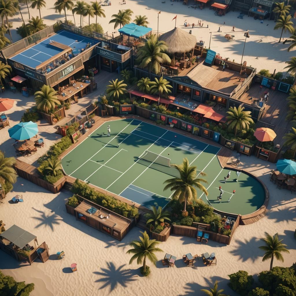 Lively Beach Bars Surround Tennis Court