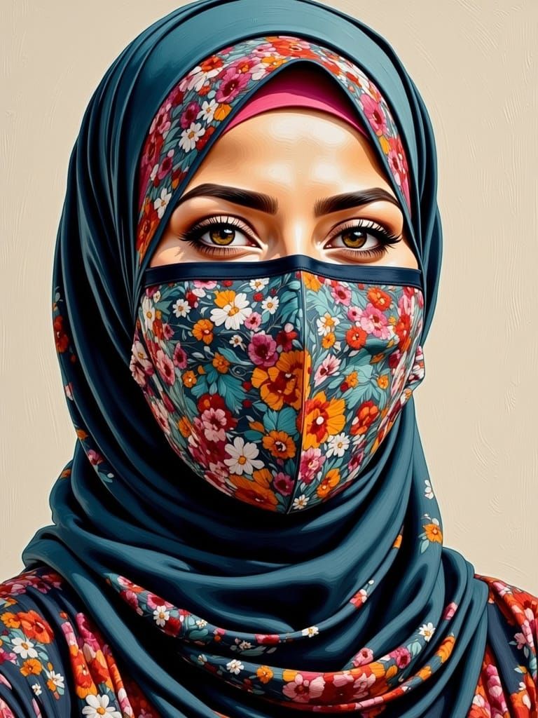 Woman in Hijab and Facemask, Oil-Guache Melting Painting
