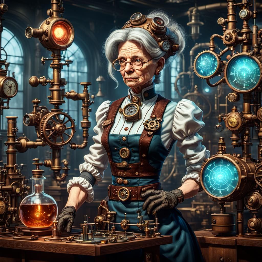 Steampunk Scientist in Her Lab, Cartoon Style