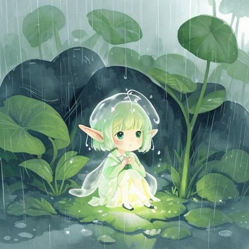 Ethereal Elf Ghost in Rainy Watercolor Landscape