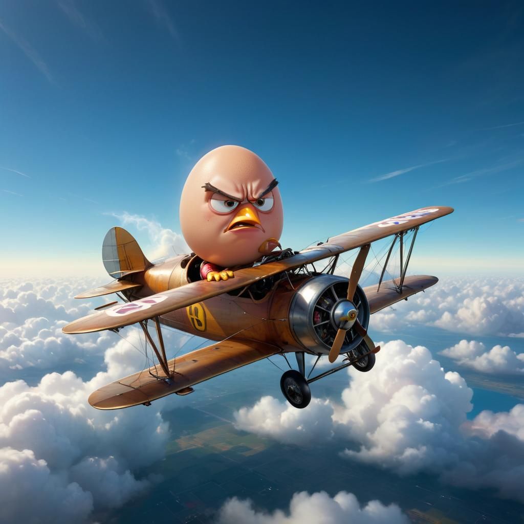 Angry Egg Pilot Soars through Clouds in Photorealistic Bipla...