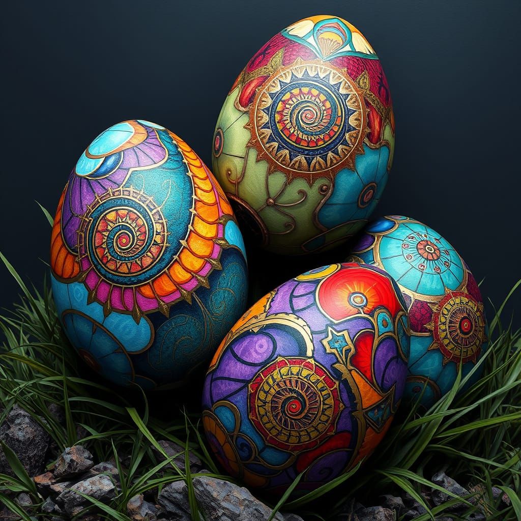 Vibrant Abstract Easter Eggs in Metallic Gold and Dark Gradi...