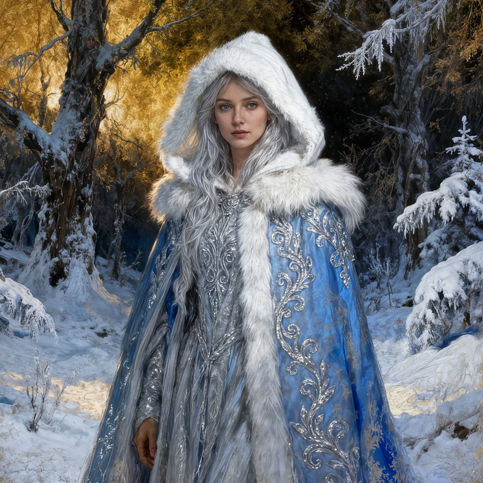 Winter Woman in Fur-Trimmed Robe, Painterly Oil Style
