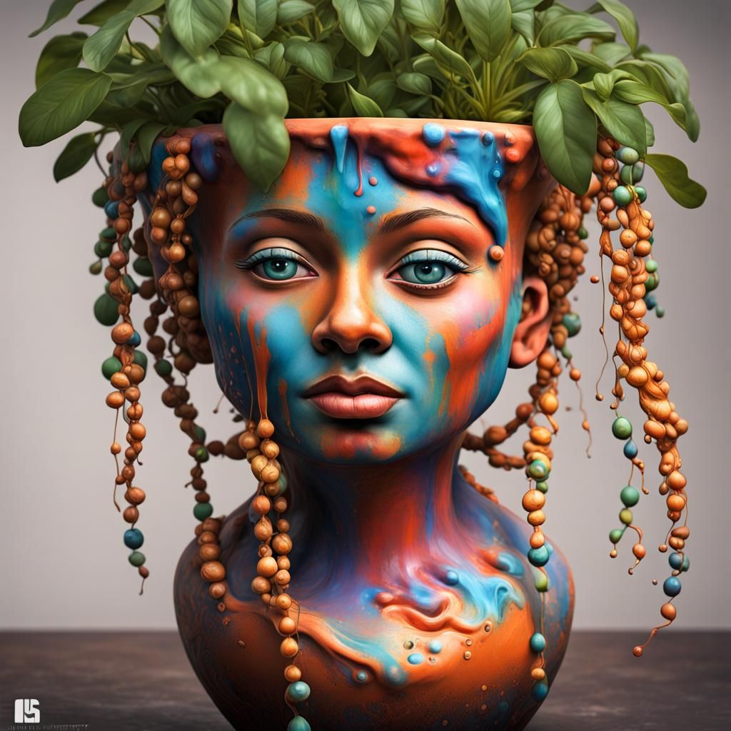 Unique Clay Pot with Pearl Hair, Hyperrealistic Graffiti Art