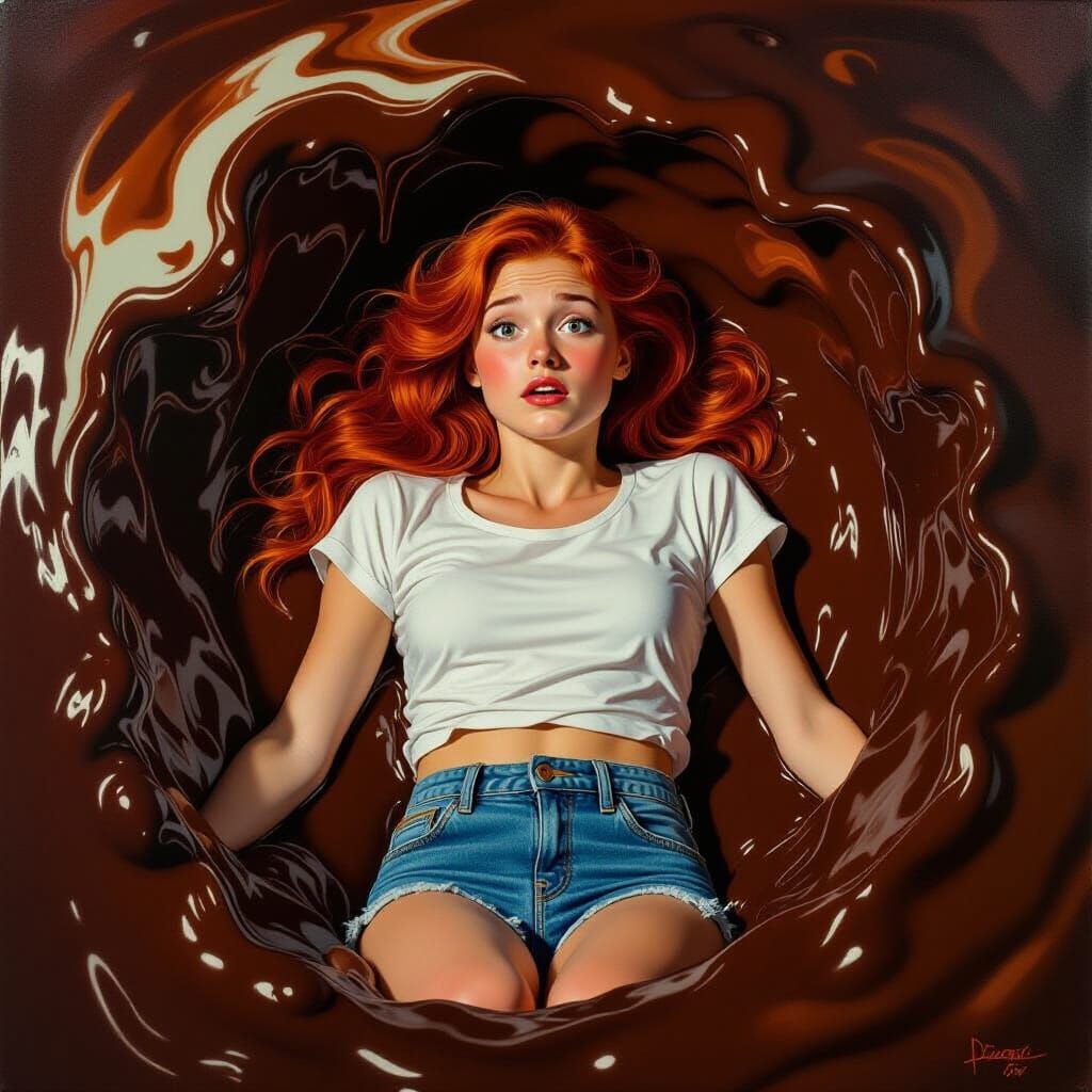 Surreal Oil Painting of Girl Sinking in Chocolate Pit