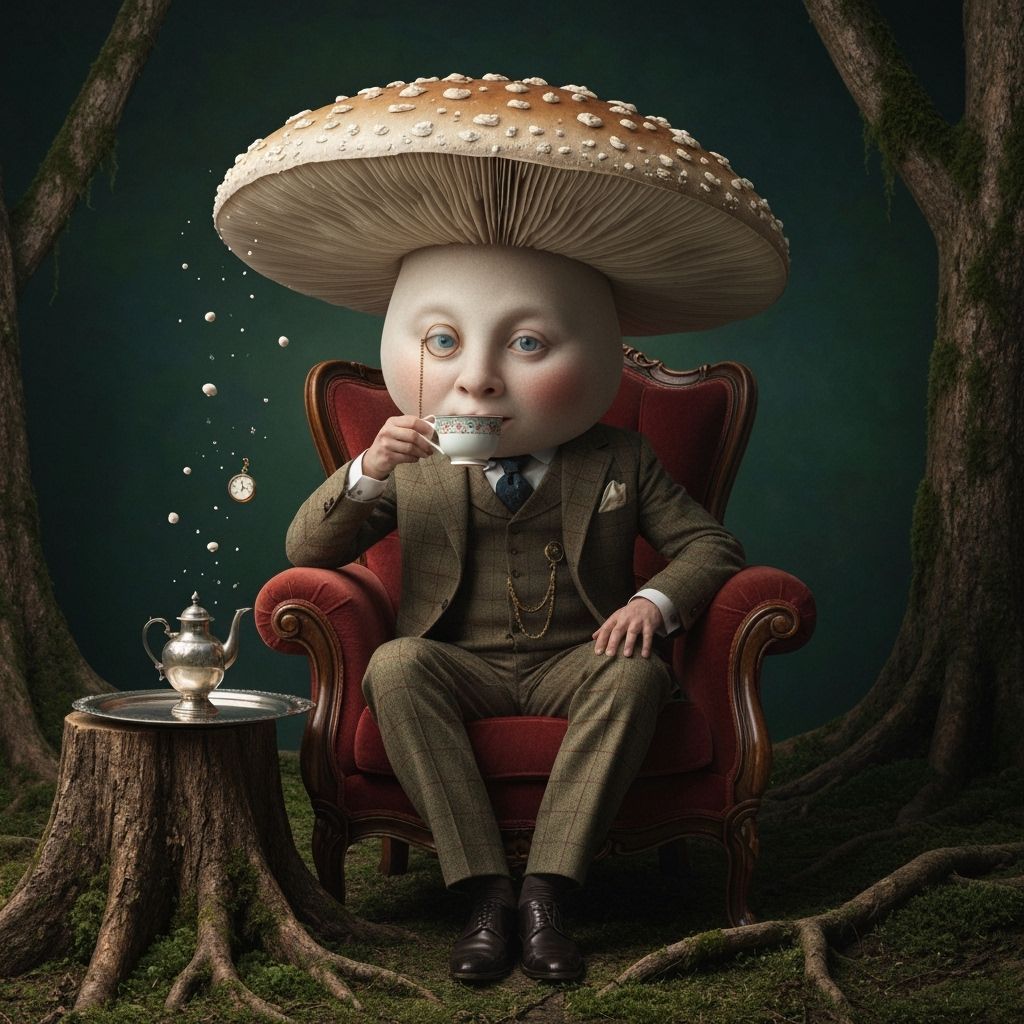 Mushroom Gentleman Sipping Tea in Surreal Forest