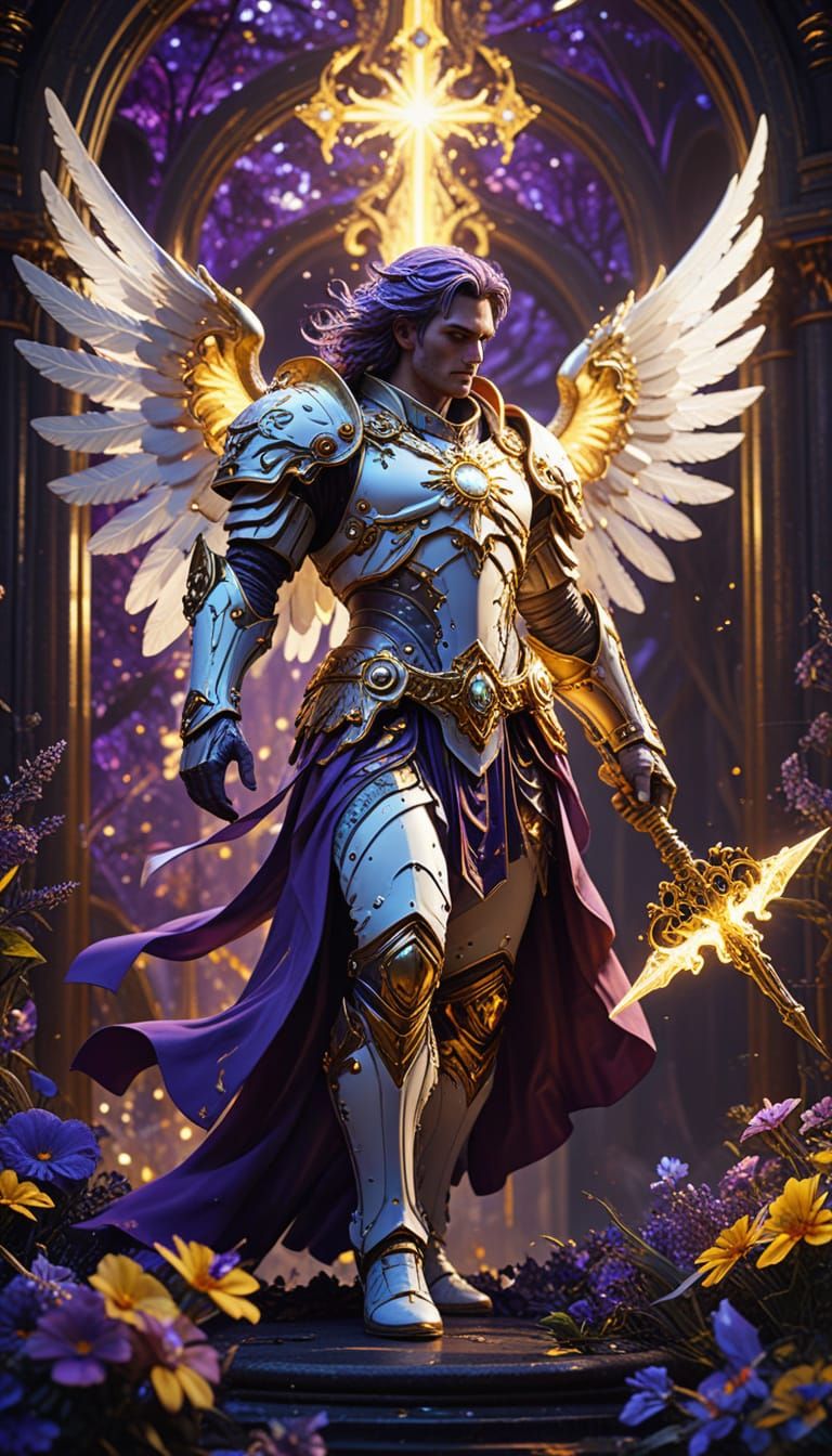Surreal Archangel in Baroque Armor Over a Fractal Landscape