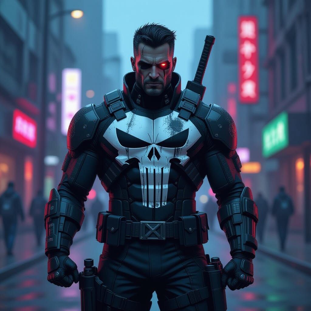 Cyberpunk Punisher with Skull Logo in Neon City