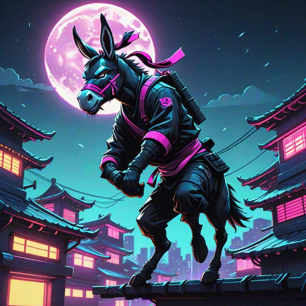 Cartoon Ninja Donkey Leaps Across Rooftops: Neon Noir