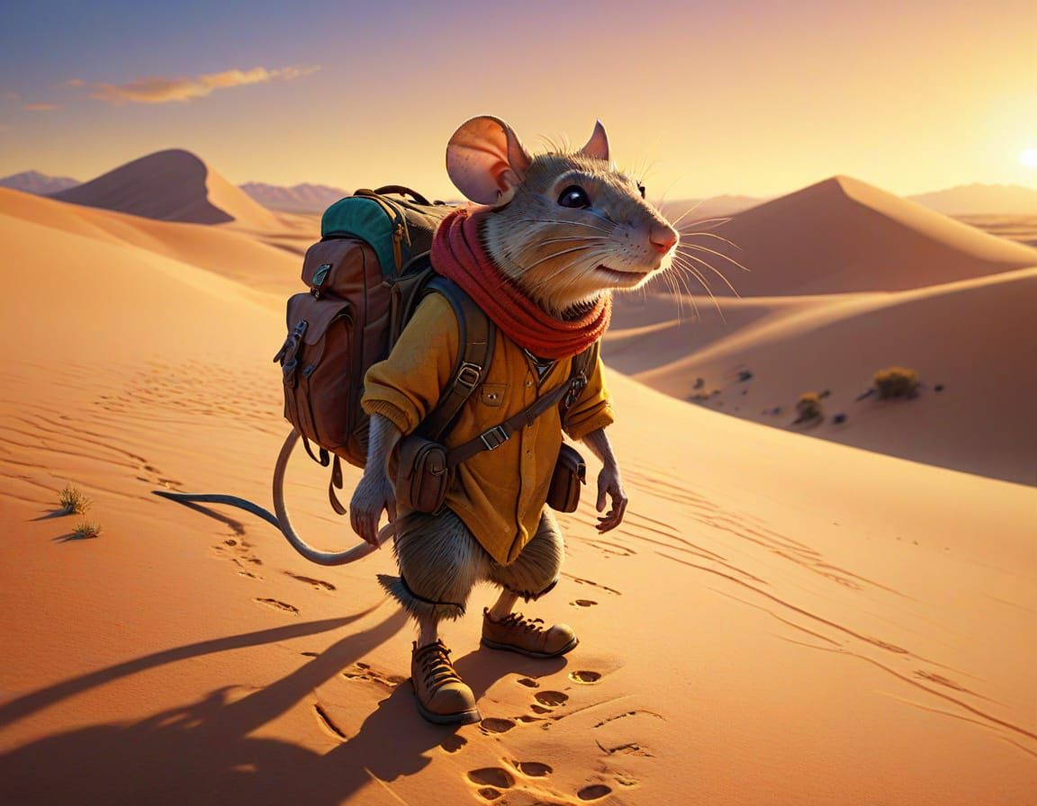 Rat Traveler on Desert Road in Pixar Style