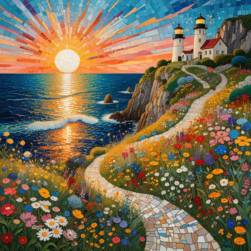 Lighthouse Cliffside Sunset with Wildflowers in Mosaic Style