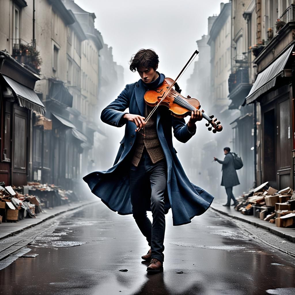Violinist Fades to Dust in Ruined Cityscape