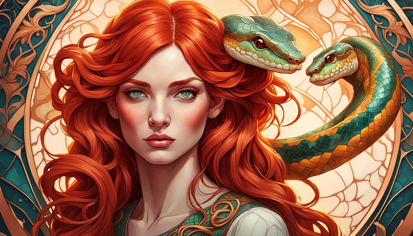 Redhead with Snake in Art Nouveau Style