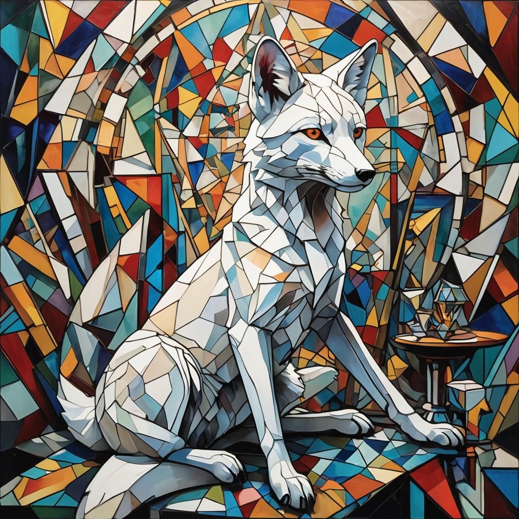White Fox Portrait in Cubist Art Deco Style