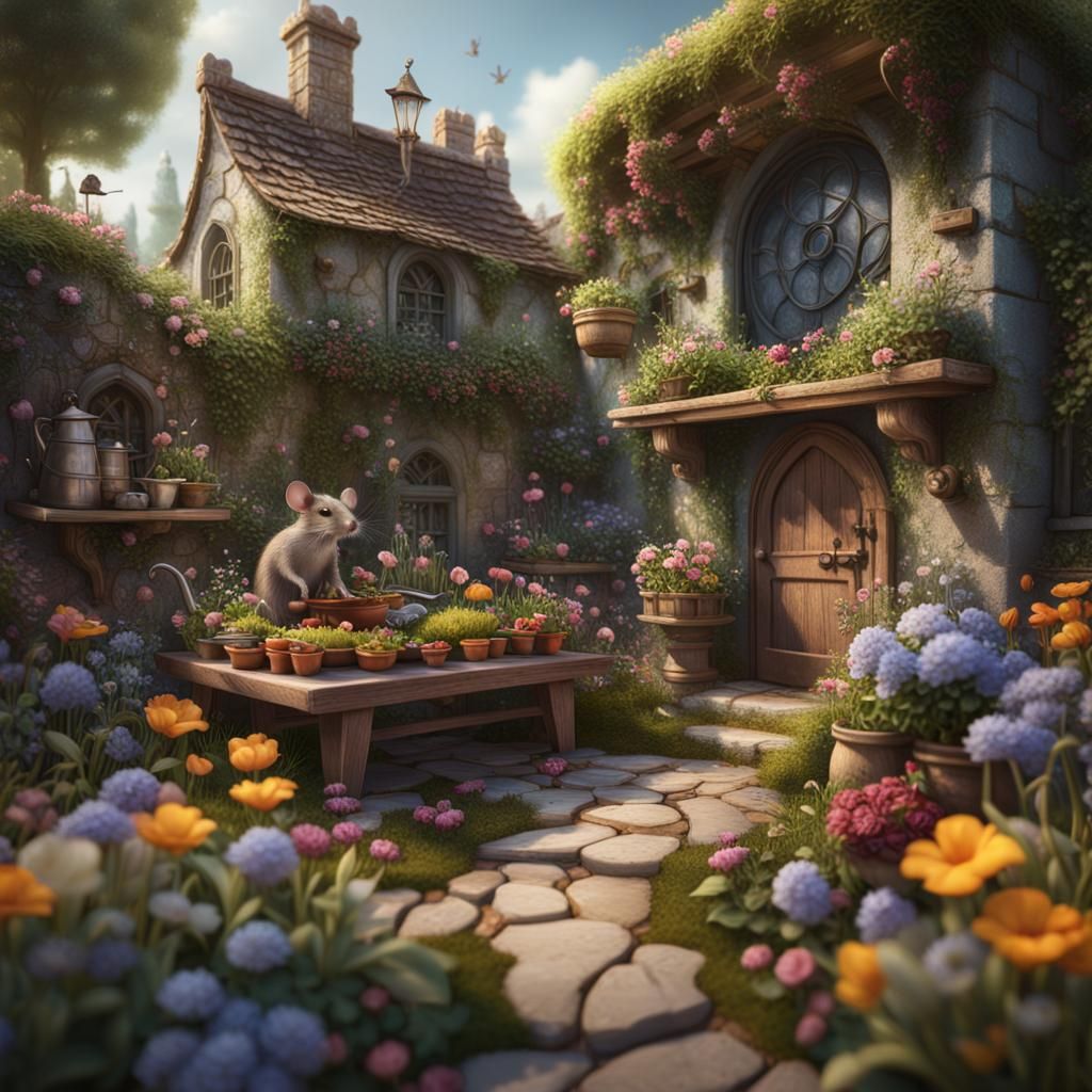 Mouse Gardener in Tiny Blooming Garden