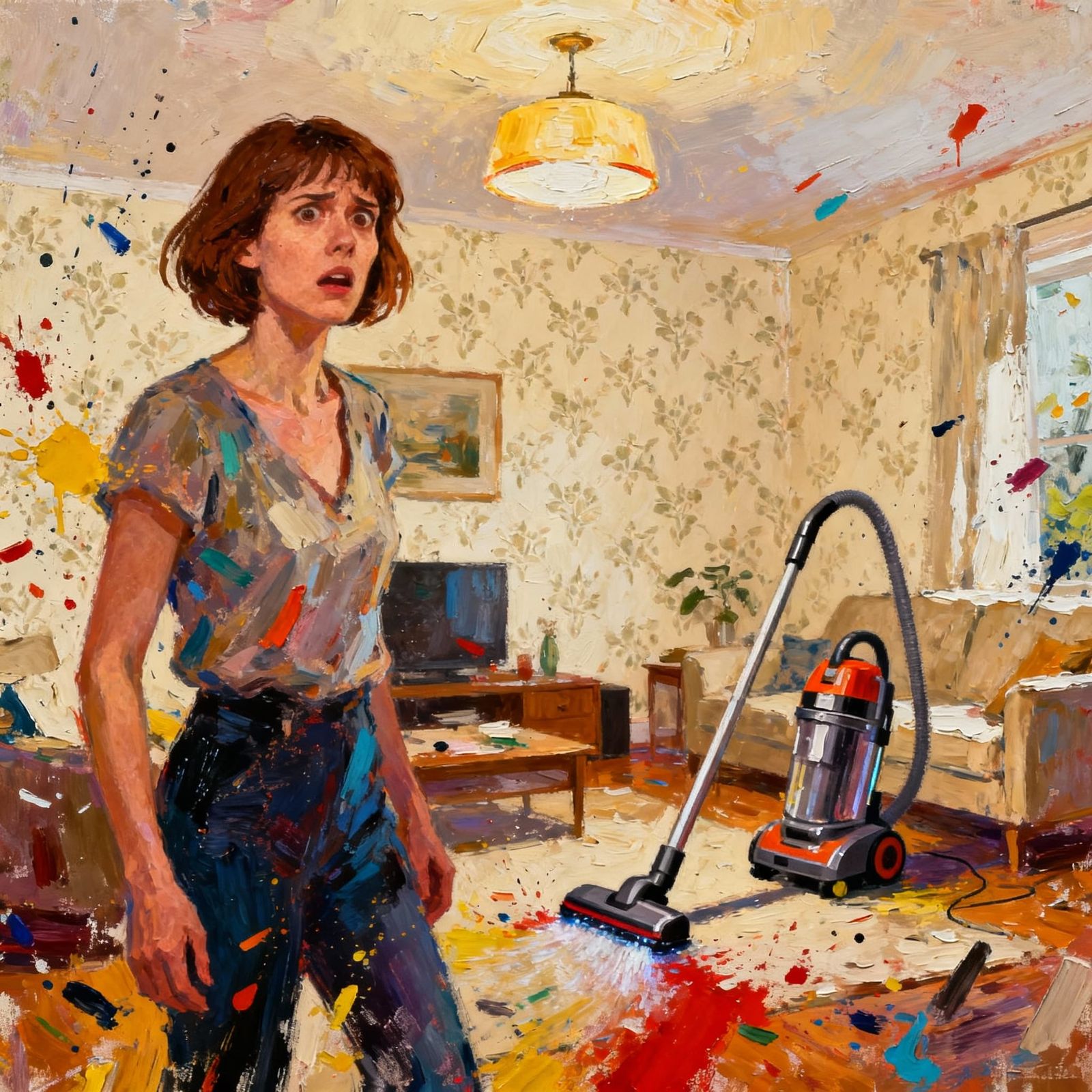 Confused Woman in Living Room with Self-Cleaning Vacuum