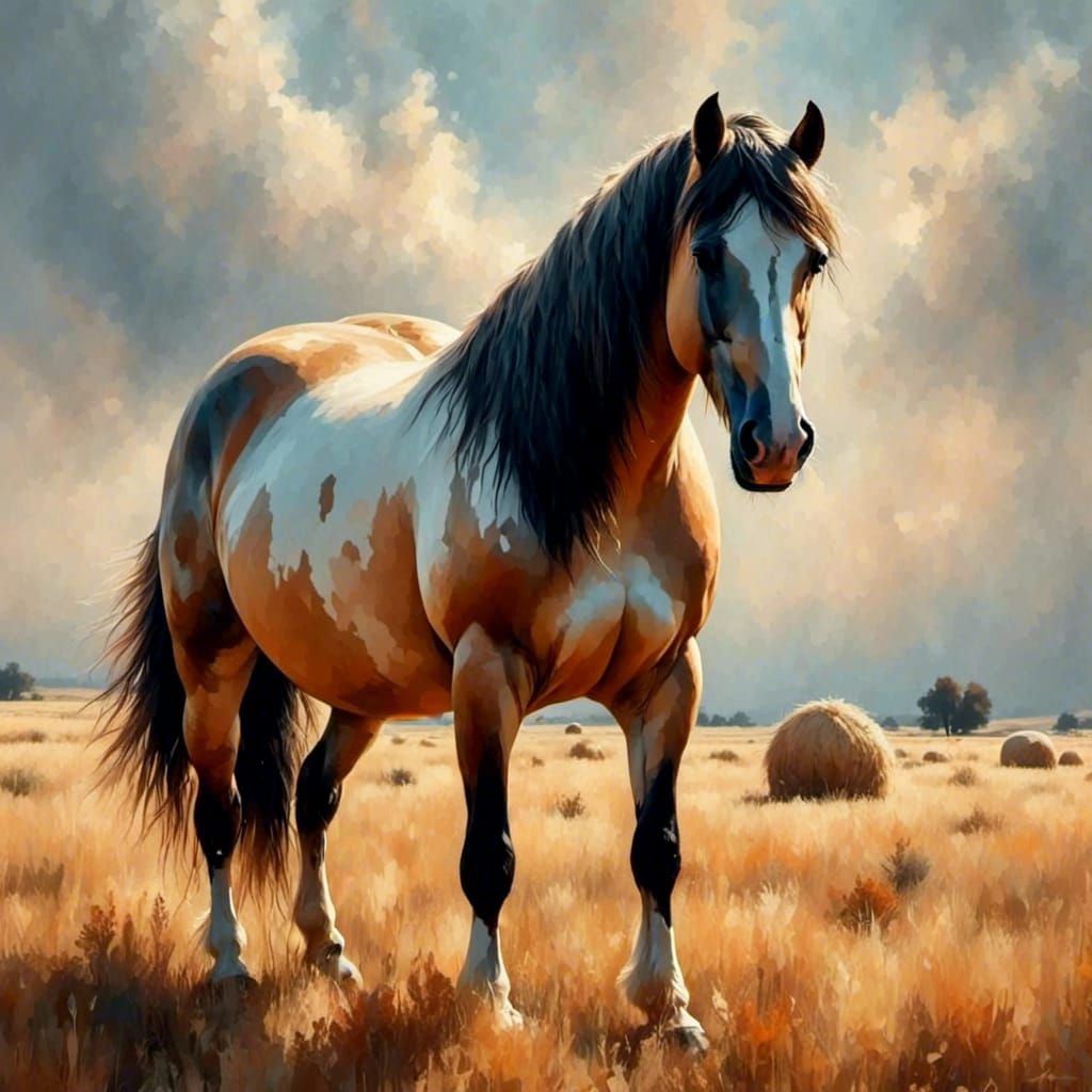 Horse on Prairie in Soft Sunlight, Minimalist Style