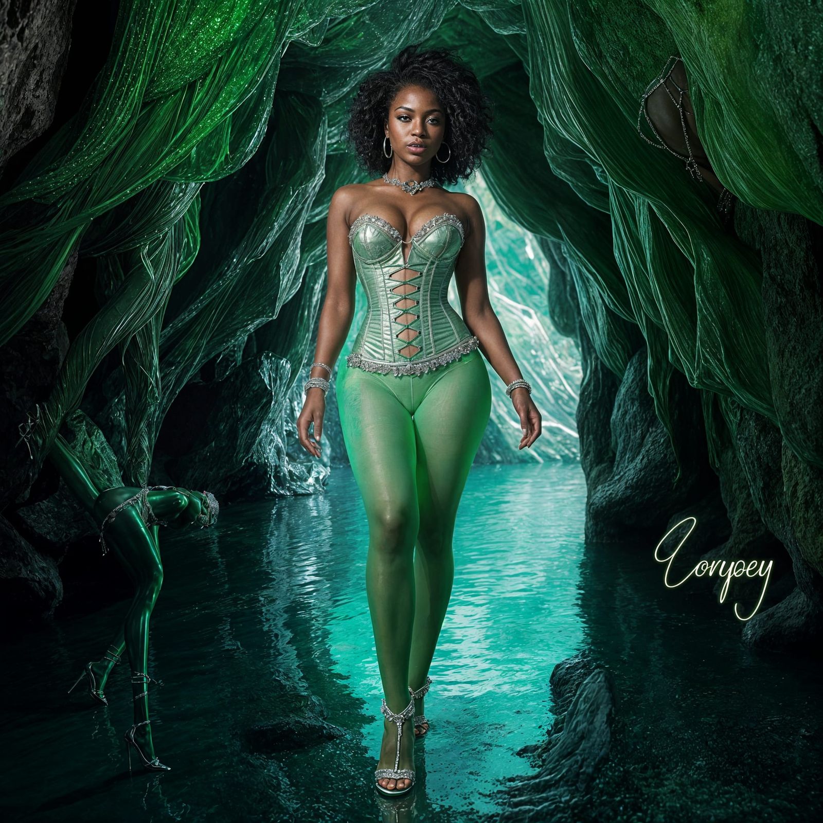 Voluptuous Woman in Green Cave with Emeralds