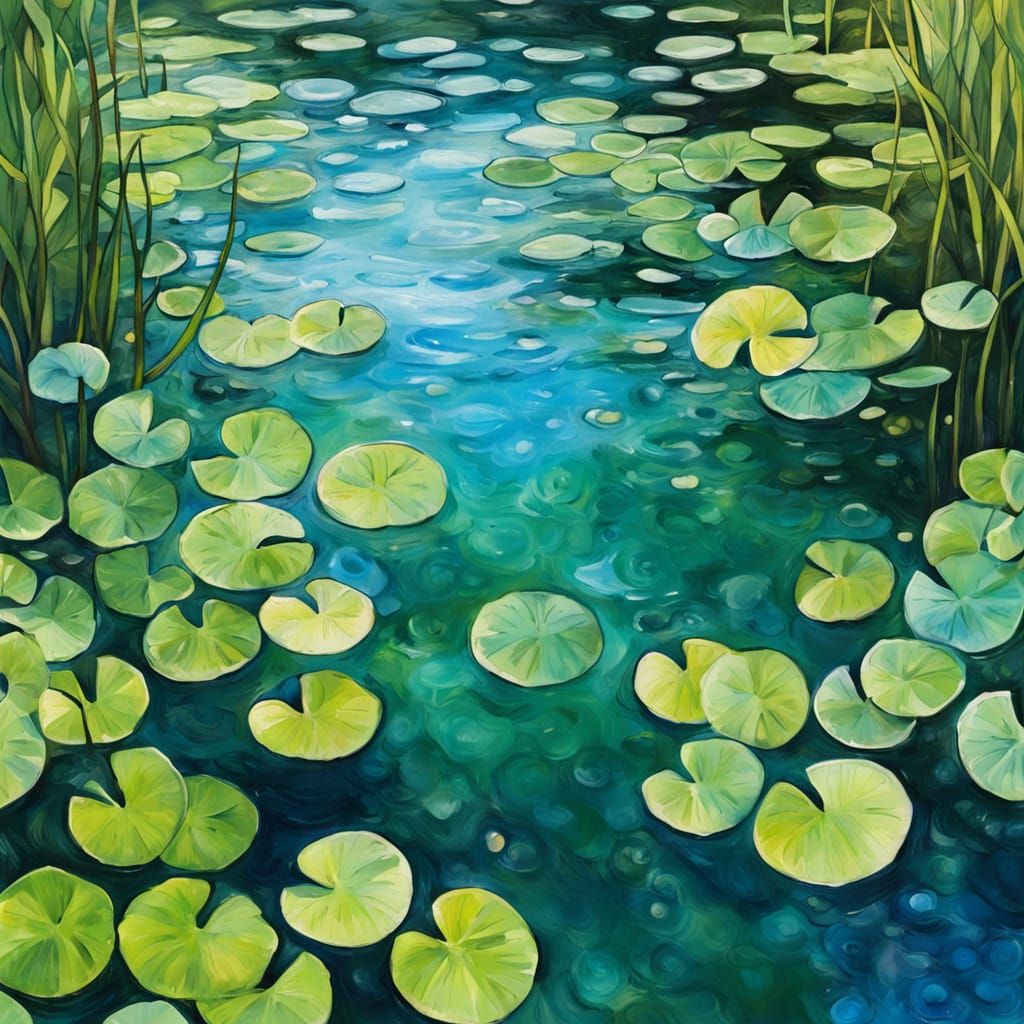 Transparent Pond Amidst Lush Foliage, Impressionist Art