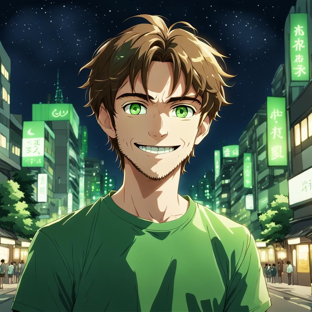 Smiling Man in Green Shirt, Anime Style