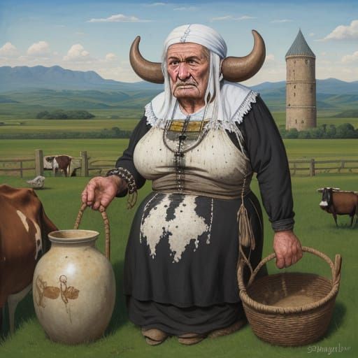 Ugly Old Woman Milks Giant Cow in Surreal Landscape