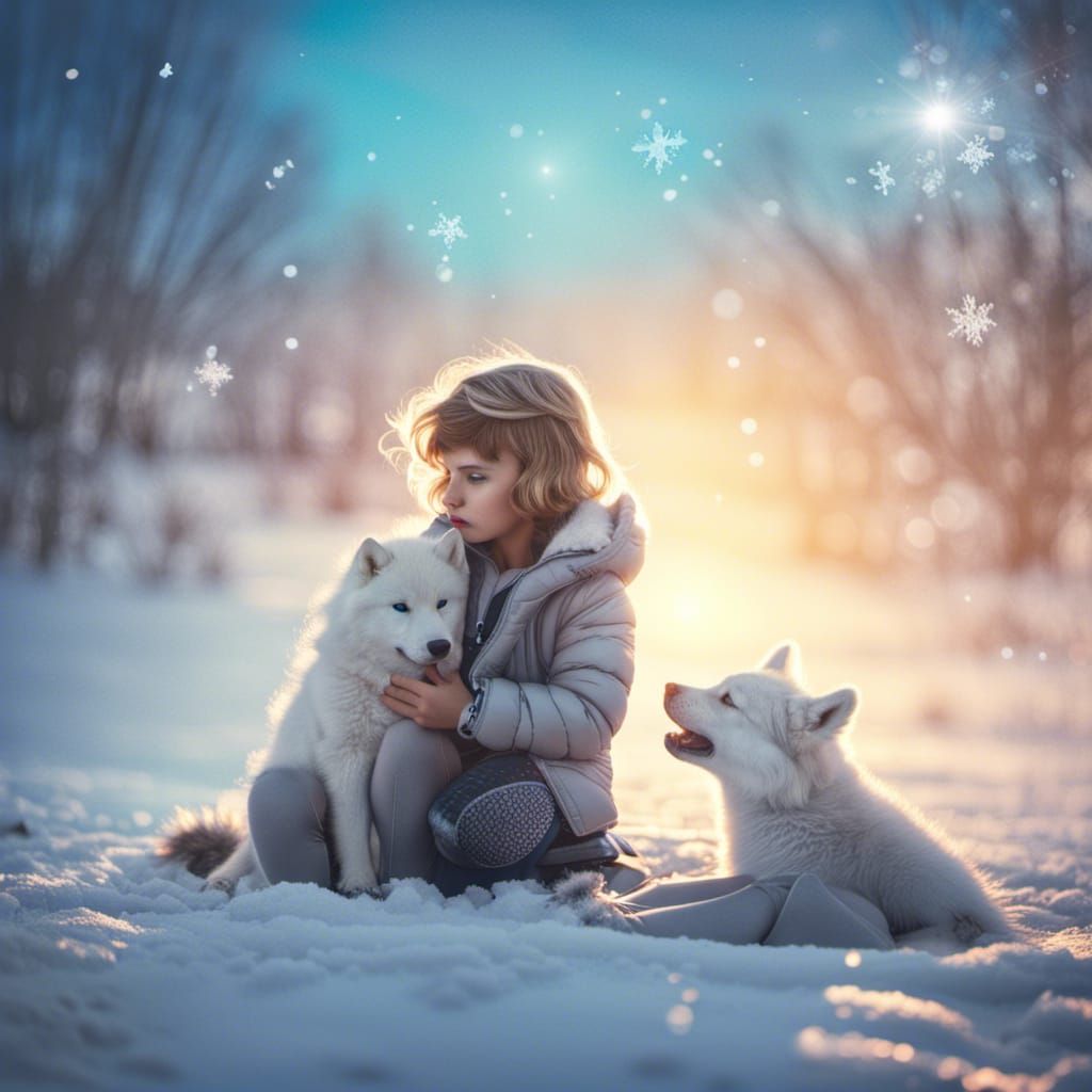 Baby with Wolf Puppy in Snowy Synthwave Landscape