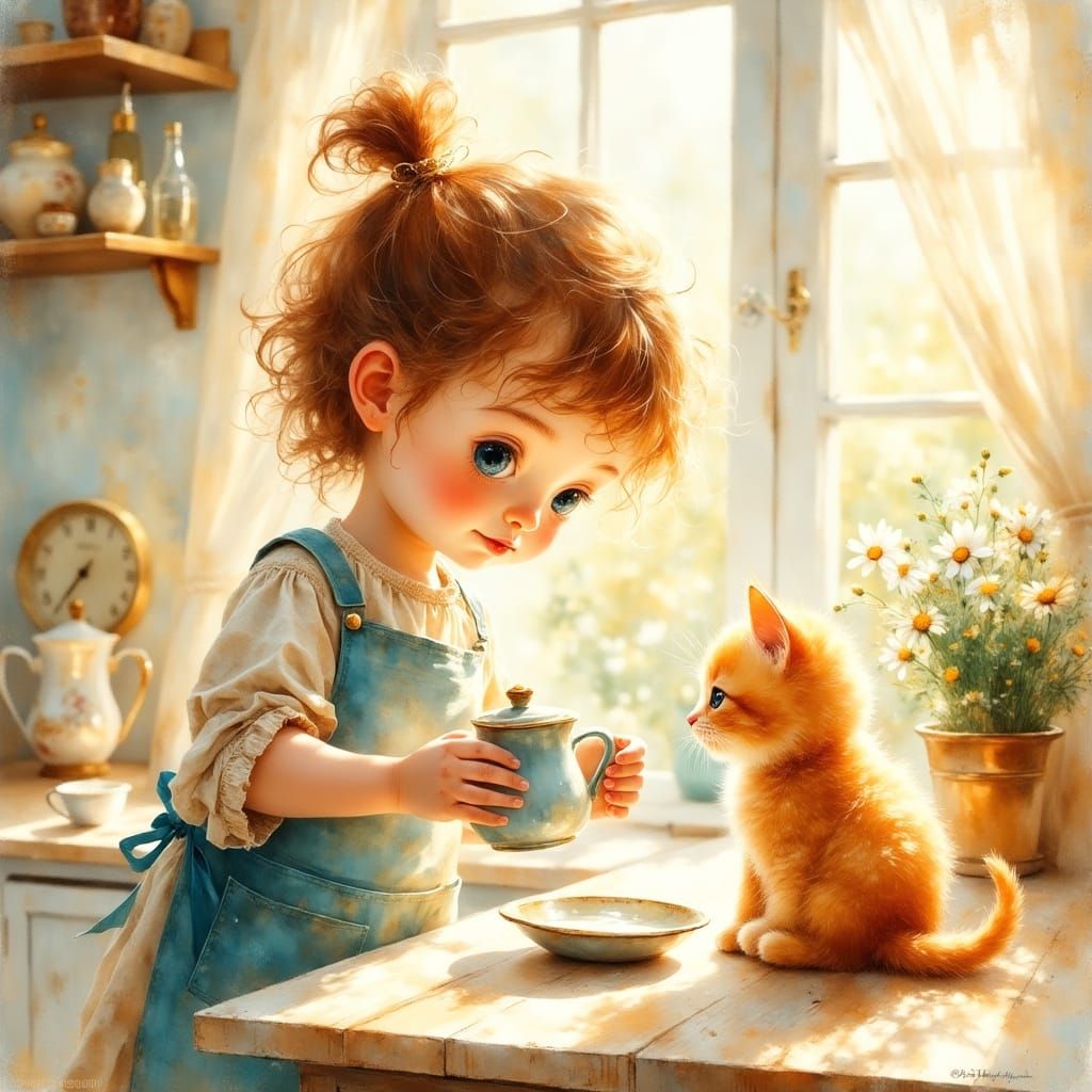 Child Pours Milk for Kitten in Sunlit Kitchen
