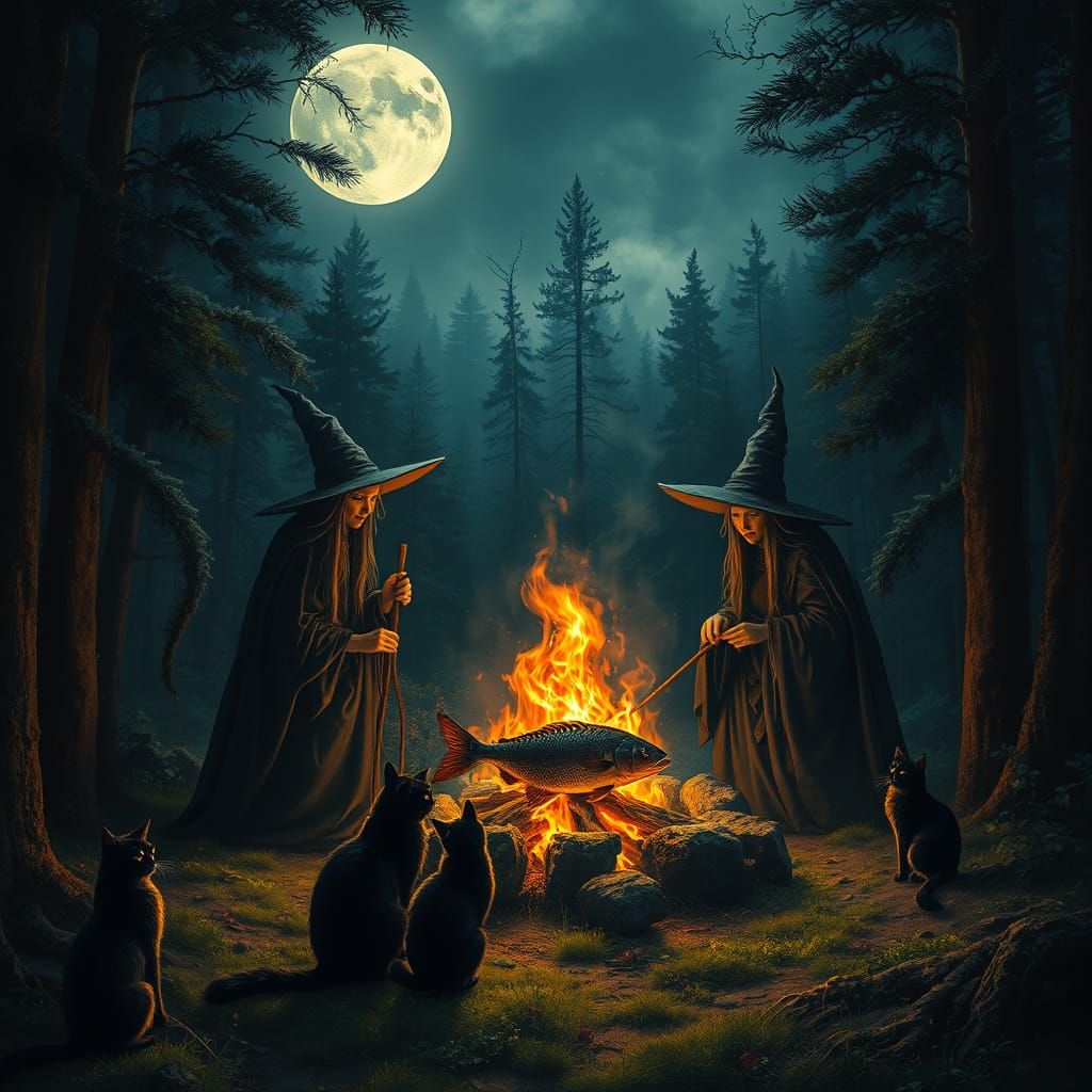Witches and Cats by Bonfire Under Full Moon